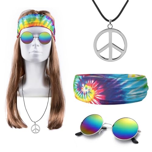 LIURFLNC 4er Set Hippie Kostüm Herren, Hippie Perücke Sonnenbrille Peace Halskette Anhänger Batik Stirnband Accessories, Fasching Kostüm 80er 90er Mottoparty Halloween Fasching Karneval von LIURFLNC