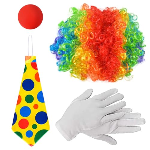 LIURFLNC Clown Kostüm Kinder, 1 Stück Perücke + 1 Stück Nase + 1 Stück Krawatte + 1 Paare Handschuhe Clown Kostüm Herren Halloween Fasching Karneval Kostüme für Kinder Damen Herren von LIURFLNC