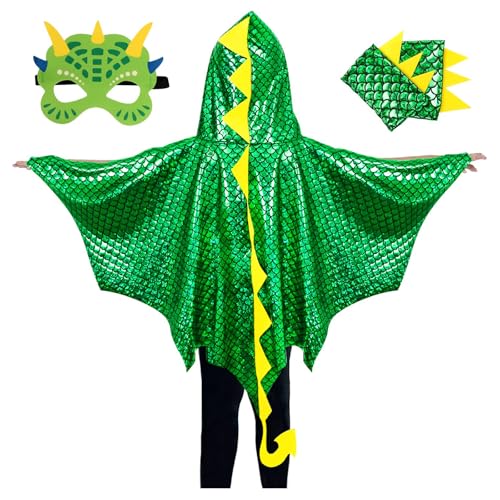 LIURFLNC Dino Kostüm Kinder, Drachenkostüm Kinder, Grün Kostüm Dino Kinder Drachenflügel Umhang mit Maske, Drachen Kostüm Kinder für Mädchen Jungen Halloween Fasching Karneval Walpurgisnacht von LIURFLNC