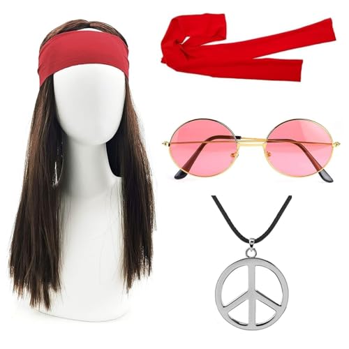 LIURFLNC Hippie Kostüm Herren, 60er 70er Jahre Outfit Herren, Hippie Kostüm Set Perücke, Sonnenbrille, Peace Halskette Anhänger, Stirnband, Hippie Perücke Herren für Fasching Karneval Thema Party von LIURFLNC