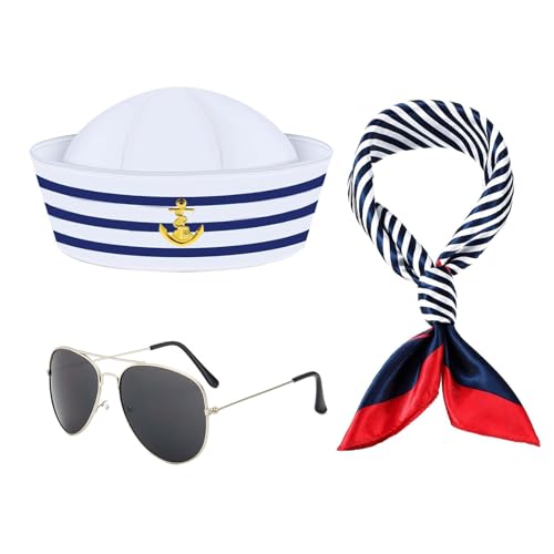 LIURFLNC Kapitän Matrosen Kostüm Set, Blau und Weiß Gestreift Matrosenmütze und Schal Sonnenbrillen, Matrosen Kostüm Damen, Herren für Cosplay Verkleidung Karneval Accessoires von LIURFLNC