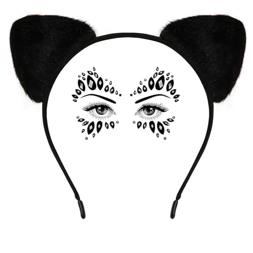 LIURFLNC Katzenohren Haarreif Schwarz mit Glitzersteine Gesicht, Cat Ears Headband, Katze Ohren Haarband, Katzenohren Haarschmuck für Mädchen Frauen Halloween Karneval Cosplay Party von LIURFLNC