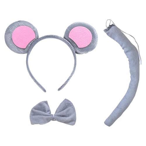 LIURFLNC Maus Kostüm Damen, Tier Kostüm Set Maus Ohren Haarreif, Greyb Mouse Ears Stirnband Schwanz und Krawatte, Maus Kostüm für Kinder Cosplay Geburtstagsfeier Karneval Weihnachten Party von LIURFLNC