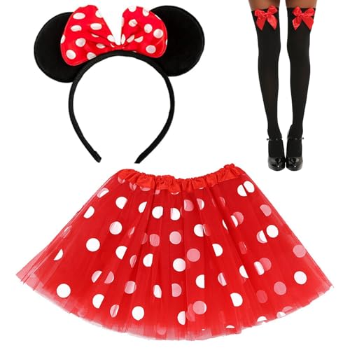 LIURFLNC Minnie Mouse Kostüm Damen, Mickey Mouse Kostüm Set mit Maus Ohren, Mini Maus Kostüm Damen, Mickey Maus Kostüm für Karneval Thema Party Cosplay Party Faschingskostüme von LIURFLNC