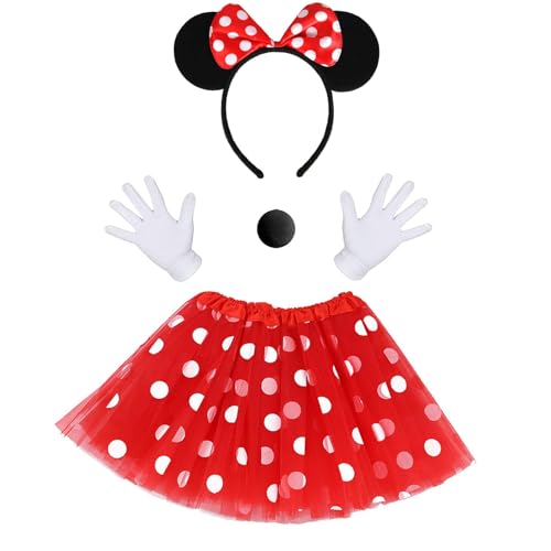 LIURFLNC Minnie Mouse Kostüm Damen, Mickey Mouse Kostüm Set mit Maus Ohren Nase Handschuhe, Kinderkostüme Mädchen, Mini Mouse Kostüm Mädchen für Karneval Thema Party Cosplay Party Faschingskostüme von LIURFLNC