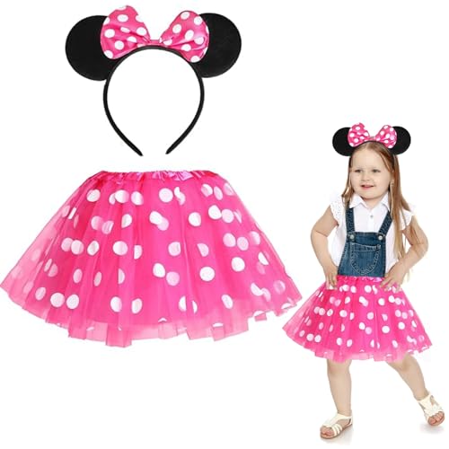 Minnie Mouse Kostüm Kinder, Faschingskostüme Kinder Mädchen, Rot Rosa Mini Maus Kostüm Mit Haarreifen mit Maus Ohren und Schleife, Maus Kostüm für Halloween Fasching Karneval Motto Cosplay Party von LIURFLNC