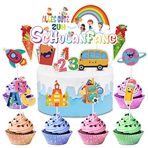 24 Stück Schulanfang Tortendeko Cupcake Topper Schuleinführung Kuchen Dekorationen Tortendeko Einschulung -bunt/einfach zu montieren - Für Mädchen und Junge Schulanfang Party Deko von LIVESTN