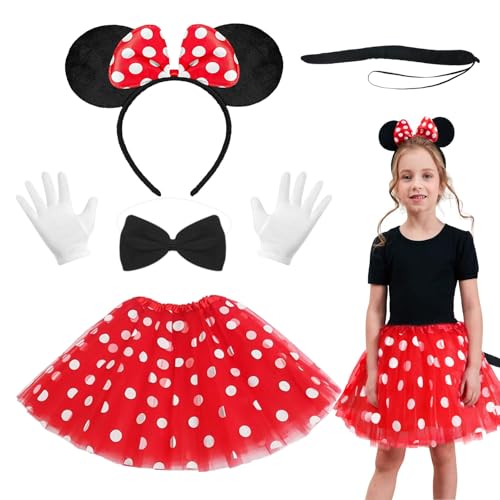 3 Stück Damen Maus Mouse Kostüm, Rot Tutu mit weiß Gepunktet + Haarreifen mit Maus Ohren + Rattenschwanz, Mädchen Faschingkostüme Maus Kostüm Zubehör für Maskerade, Karneval, Cosplay Partys(C) von LIVESTN