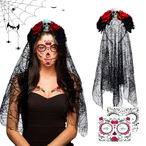 Halloween Tag der Toten Haarreif und Schleier, Mexikanische Rose Stirnband Totenkopf Haarreif Day of The Dead Haarreif mit Gesicht Tattoos für Damen Halloween Karneval und Tag der Toten Parties von LIVESTN