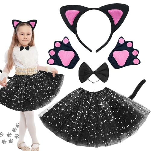 Katzen Kostüm Mädchen, Karneval Tierkostüm Set für Kinder, Katze Cosplay Set mit Tutu Rock, Katzenohren Stirnband, Schleif Schwanz Fliege Pfoten Handschuhe, für 2-8 Jahre Faschingskostüm Mädchen von LIVESTN