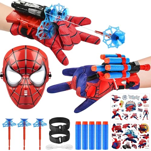 LIVESTN Spiderm Launcher Handschuh, 2 Set Kids Spiderm Hero Handschuhe Super Spiderm Launcher mit Maske und Aufkleber Held Launcher Cosplay Spiderm Handschuhe Launcher Spielzeug für Kinder Fans (D) von LIVESTN