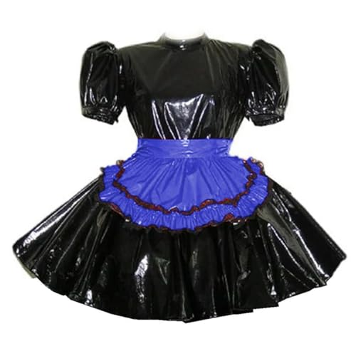 LIXIAAOOKWEDG Dienstmädchen-Kostüm-Set, Wet-Look, PVC, kurze Puffärmel, Dienstmädchenkleid, Uniform-Kleid mit schwarzer Schürze, Kleider, Cosplay von LIXIAAOOKWEDG