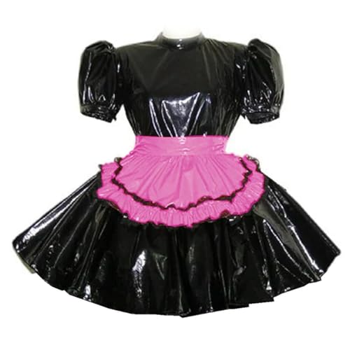 LIXIAAOOKWEDG Dienstmädchen-Kostüm-Set, Wet-Look, PVC, kurze Puffärmel, Dienstmädchenkleid, Uniform-Kleid mit schwarzer Schürze, Kleider, Cosplay von LIXIAAOOKWEDG