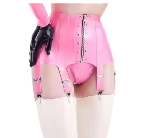 LIXIAAOOKWEDG Minirock aus Latexgummi, rosa Strumpfbänder mit Metallclips, handgefertigte Kostüm-Hose + Socken, Rosa, Größe M von LIXIAAOOKWEDG