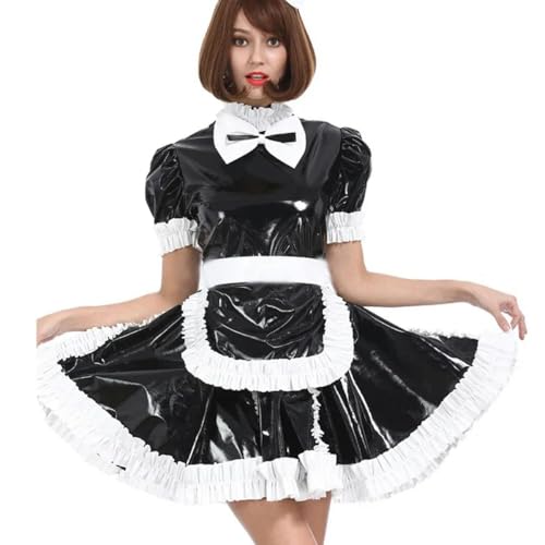 LIXIAAOOKWEDG Sissy Maid Abschließbares PVC-Kostüm Kleid mit Schleife, Crossdressing-Uniform, Cosplay-Kostüm, 7XL, Schwarz von LIXIAAOOKWEDG