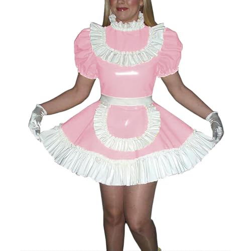 LIXIAAOOKWEDG Sissy Wetlook Maid Cosplay Kostüm Lackleder Besätze Kleid mit Schürze Halloween Party Uniformen von LIXIAAOOKWEDG