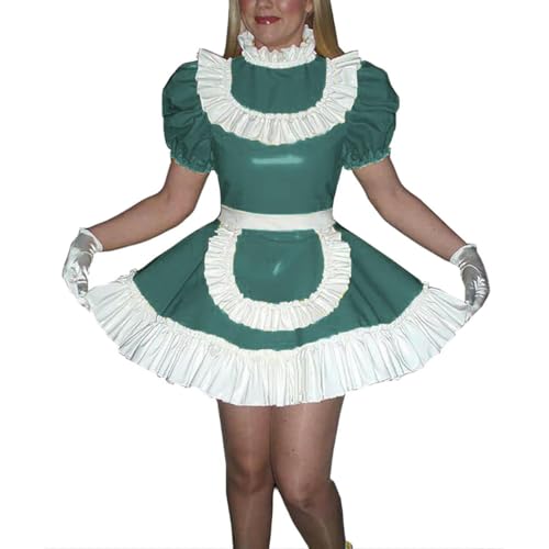 LIXIAAOOKWEDG Sissy Wetlook Maid Cosplay Kostüm Lackleder Besätze Kleid mit Schürze Halloween Party Uniformen von LIXIAAOOKWEDG