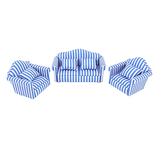 1:12 Puppenhaus-Miniaturmöbel, Sofa, 1 Doppelbett, 2 Einzelbetten, 3-teiliges Set, Wohnzimmerstuhl, Kiefernstoff, Heller Farbstreifen für Puppenhaus (Blue) von LIYJTK