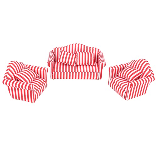 1:12 Puppenhaus-Miniaturmöbel, Sofa, 1 Doppelbett, 2 Einzelbetten, 3-teiliges Set, Wohnzimmerstuhl, Kiefernstoff, Heller Farbstreifen für Puppenhaus (Red) von LIYJTK