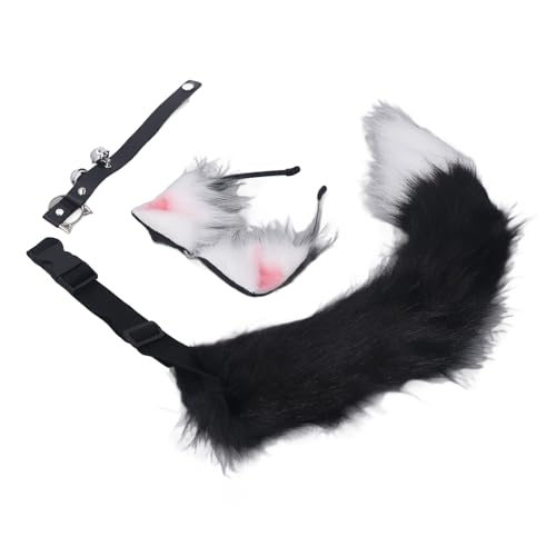 LIYJTK Katzenohren und Wolf Tierschwanz Cosplay Kostüm Kunstfell Haarspange Kopfschmuck Halloween Leder Halsband Set Tier Cosplay Party Kostüm (Black White) von LIYJTK