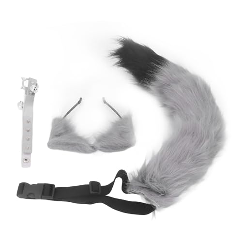 LIYJTK Katzenohren und Wolf Tierschwanz Cosplay Kostüm Kunstfell Haarspange Kopfschmuck Halloween Leder Halsband Set Tier Cosplay Party Kostüm (Gray) von LIYJTK