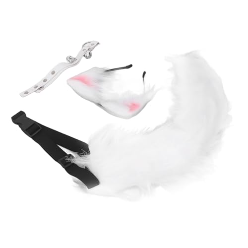 LIYJTK Katzenohren und Wolf Tierschwanz Cosplay Kostüm Kunstfell Haarspange Kopfschmuck Halloween Leder Halsband Set Tier Cosplay Party Kostüm (White) von LIYJTK