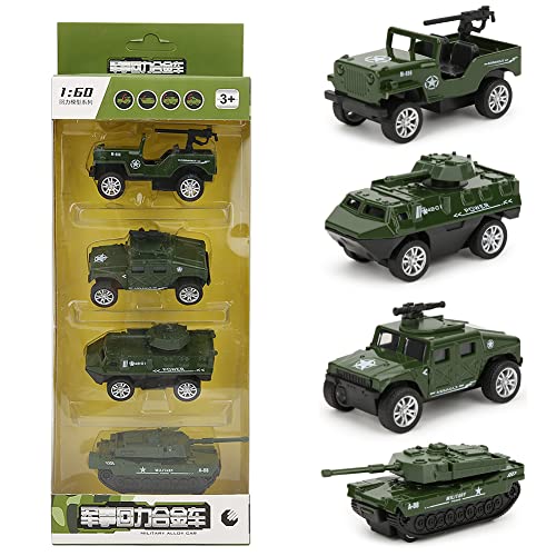 4 Stück Box 1/60 Hohe Simulation Zurückziehen Legierung Auto Modell Kind Spielzeug Sammlung Camouflage Militär Fahrzeug Polizei Technik Feuerwehrauto Modell (Model A pull back military vehicle model) von LIZEALUCKY