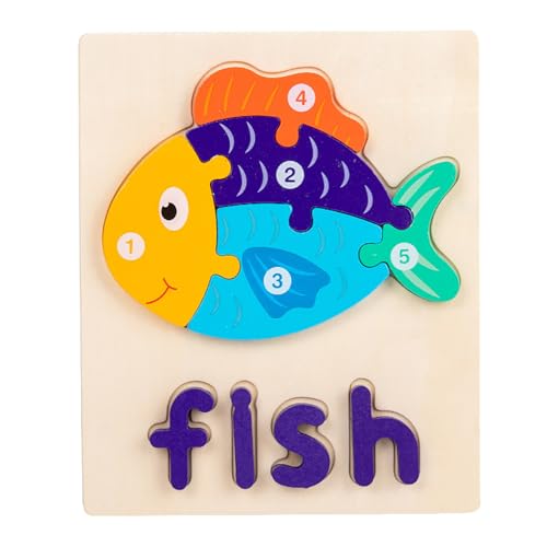 Wooden Toddler Puzzles Toys, Educational Learning Bright Color 3D Animal Puzzles Toy, Shape Matching Puzzle for Over 36 Months Kids (Fish) von LIZEALUCKY