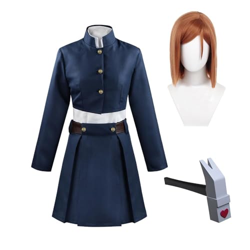 LJFIWY Kugisaki Nobara Cosplay Kostüm Anime Charakter Bluse Rock Uniform Komplettes Set Halloween Karneval Rollenspiel Party Kleid Outfits (Blau Nobara Kugisaki Kostüm + Perücke, L) von LJFIWY