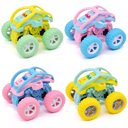 4 Stück Trucks Spielzeug Auto Monster Truck für Kinder Trägheit Reibungsbetriebene Autos 360 Grad Rotierendes Geländewagen Spielzeugauto für 3+ Jahre Alte Kinder (Gelb, Grün, Blau, Rosa) von LJTXX