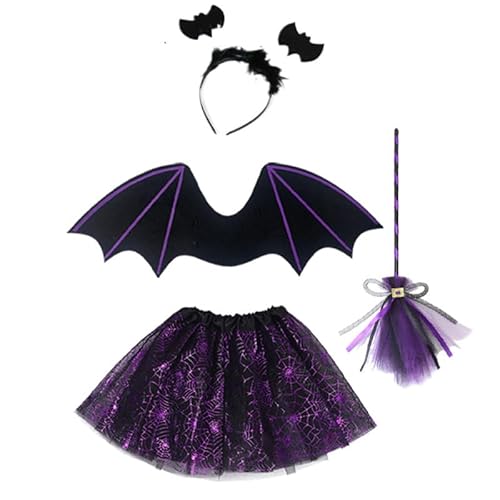 LJTXX Halloween Feenflügel Kostüm, 4PCS Feen kostüm mit Kinder Tutu Besen und Haarreifen, Fee Kostüm Damen Flügel für Cosplay Kindergeburtstag Karneval Halloween von LJTXX