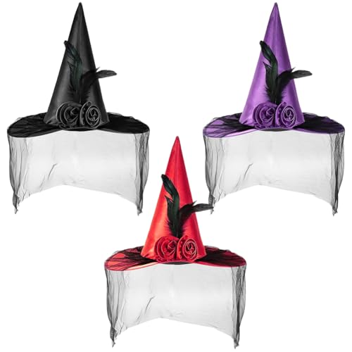 LJTXX Halloween Hexe Hut, 3PCS Hexen Zauberhut mit Schleier Spitz Zulaufender Hexenhut Party Hexenhüte Hexe Hut Kostüm set für Halloween Kostümpartys Karneval Maskerade Party Dekoration von LJTXX