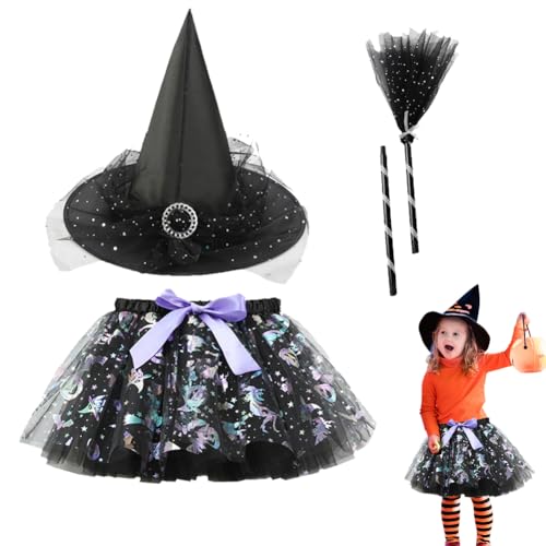 LJTXX Halloween Hexe Kleider, 3PCS Hexenkostüm Outfit mit Hexe Zubehör Tutu Rock Hexenhut Besen Magierin Hexenkostüm Witcher Kostüm Outfit Set Hexen Verkleidung Set für Fasching Halloween Karneval von LJTXX