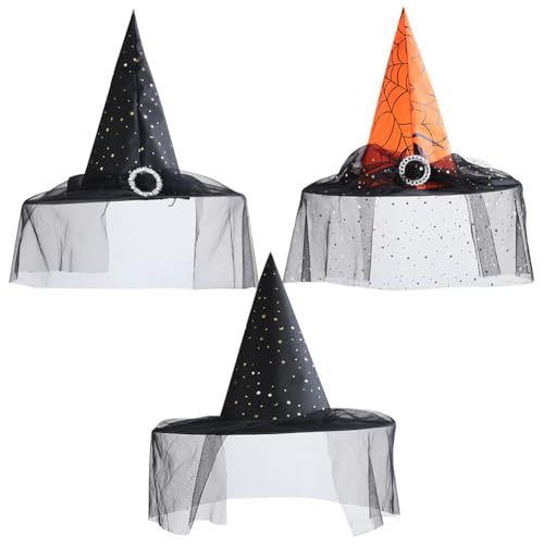 LJTXX Halloween Hexenhut, 3PCS Hexen Zauberhut mit Schleier Spitz zulaufender Hexe Hut Party Hexenhüte Hexenhut Eignet Sich für Halloween Kostümpartys Karneval Maskerade Party Dekoration von LJTXX