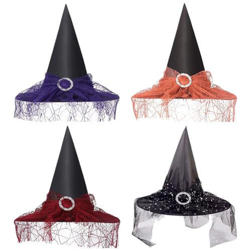 LJTXX Halloween Hexenhut, 4PCS Hexen Zauberhut mit Schleier Spitz zulaufender Hexe Hut Party Hexenhüte Hexenhut Eignet Sich für Halloween Kostümpartys Karneval Maskerade Party Dekoration von LJTXX