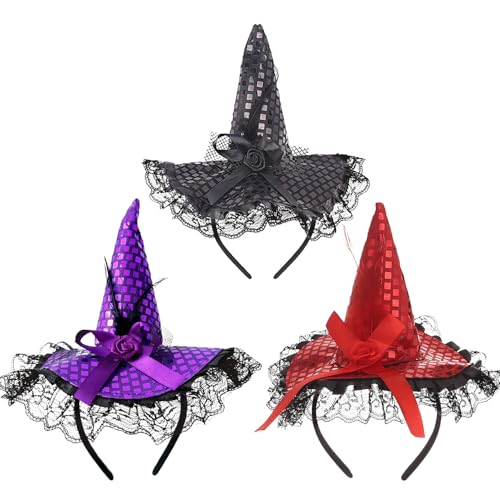 LJTXX Halloween Hexenhut Stirnbänder, 3 Stücke Hexenhut Stirnband Halloween Haar Accessoires Hexe Haarband Kopfschmuck Hexenhut Haarreif für Halloween Party Gruselparty Karneval Cosplay Zubehör von LJTXX