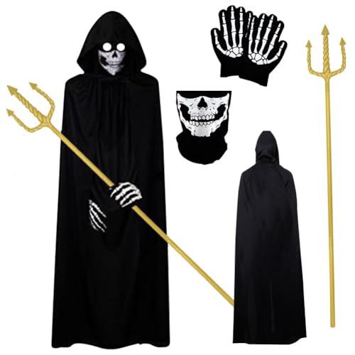 LJTXX Halloween Sensenmann Kostüm, 4 PCS Cosplay Kostüm mit Umhang Schädelmaske Gloves und Props, Halloween Set Vampir Kostüm für Halloween Party Karneval Kostüm Kostü Tod Kostüm Halloween Cosplay von LJTXX