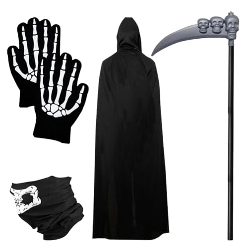 LJTXX Halloween Sensenmann Kostüm, 4 PCS Cosplay kostüm mit Umhang Schädelmaske Gloves und Props, Halloween Set Vampir Kostüm für Cosplay Costume Karneval Kostüm Kostü Tod Kostüm Halloween Cosplay von LJTXX