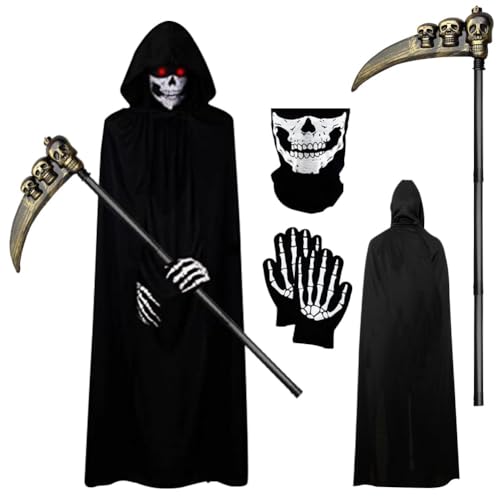 LJTXX Halloween Sensenmann Kostüm Set. 4 Pcs Halloween Kostüm mit Umhang Schädelmaske Gloves und Props Vampir Kostüm für Halloween Party Karneval Kostüm Kostü Tod Kostüm Halloween Cosplay von LJTXX