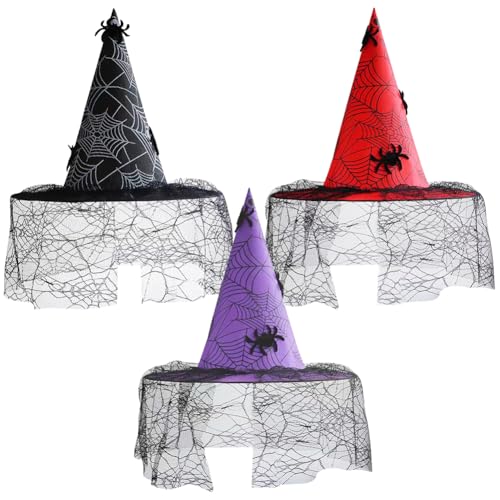 LJTXX Hexen Zauberhut mit Schleier, 3PCS Halloween Hexenhut Spitz Zulaufender Hexenhut Party Hexenhüte Hexe Kopfbedeckung Hexenhut Set für Halloween Kostümpartys Karneval Maskerade Party Dekoration von LJTXX