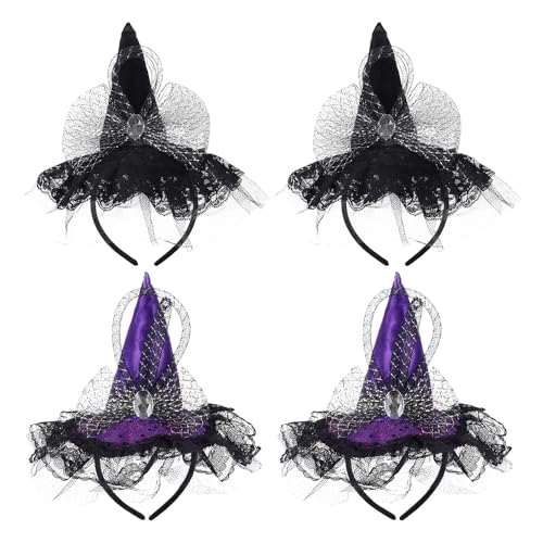 LJTXX Hexenhut Stirnbänder, 4 Stücke Hexenhut Stirnband Halloween Haar Accessoires Hexe Haarband Kopfschmuck Hexenhut Haarreif für Halloween Party Gruselparty Karneval Cosplay Zubehör von LJTXX