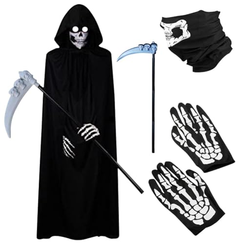 LJTXX Sensenmann Kostüm, 4 Pcs Halloween Kostüm mit Umhang Schädelmaske Gloves und Props, Halloween Set Vampir Kostüm für Cosplay Costume Karneval Kostüm Kostü Tod Kostüm Halloween Cosplay von LJTXX