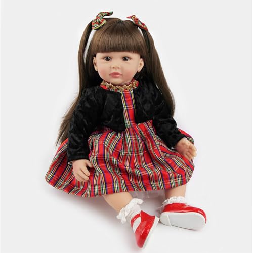 LKBOBIR Klassische Spielpuppe, 60 cm, Plüschjacke mit Schottenrock, Rote Schuhe und Haarschleifen von LKBOBIR