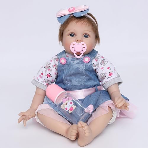 LKBOBIR Lebensechte Babypuppe mit Denim-Kleid, Flasche und Schnuller, 55 cm, Rosa-Blau von LKBOBIR