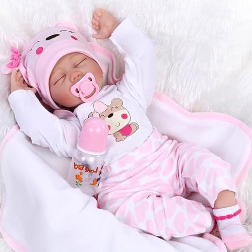 LKBOBIR Lebensechte Reborn Babypuppe, 55 cm, Weiche Vinyl-Puppe mit Rosa Outfit, Schlafend von LKBOBIR