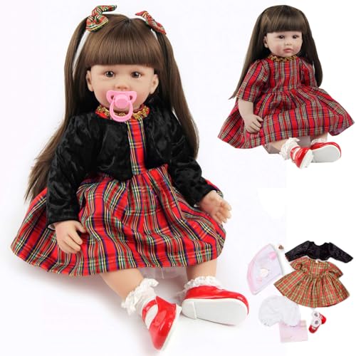 LKBOBIR Realistische Puppe mit Plaid-Kleid und Zubehör, 60 cm, Schwarze Jacke, Rotes Kariertes Kleid, Rote Schuhe von LKBOBIR