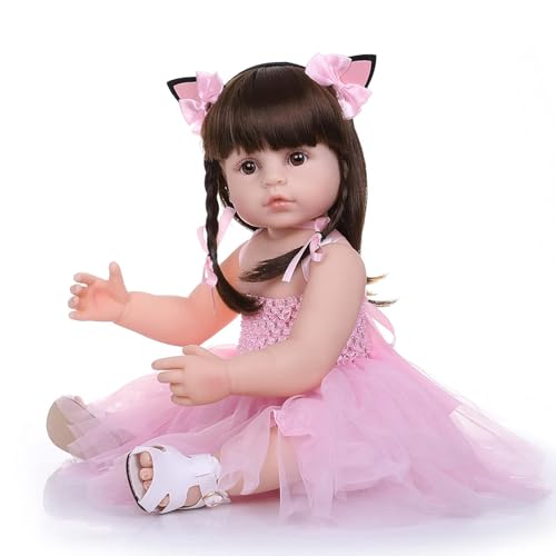 LKBOBIR Realistische Spielpuppe, 55 cm, Rosa Tüllkleid mit Schleifen, Braune Zöpfe, Weiße Sandalen von LKBOBIR