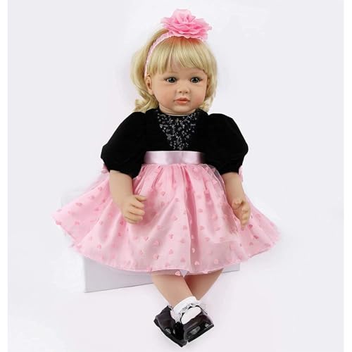 LKBOBIR Realistische Spielpuppe, 60 cm, Schwarzes Kleid mit Rosa Tüllrock, Blonde Haare, Rosa Haarband von LKBOBIR