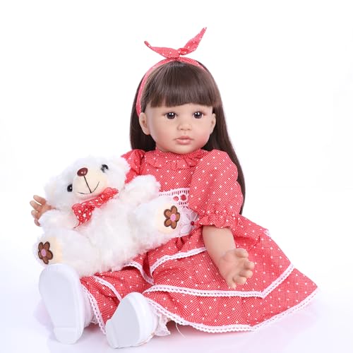 LKBOBIR Realistische Spielpuppe im Roten Kleid mit Plüschbär, 60 cm, Weiche Vinyl-Puppe mit Langer Brünetter Frisur von LKBOBIR