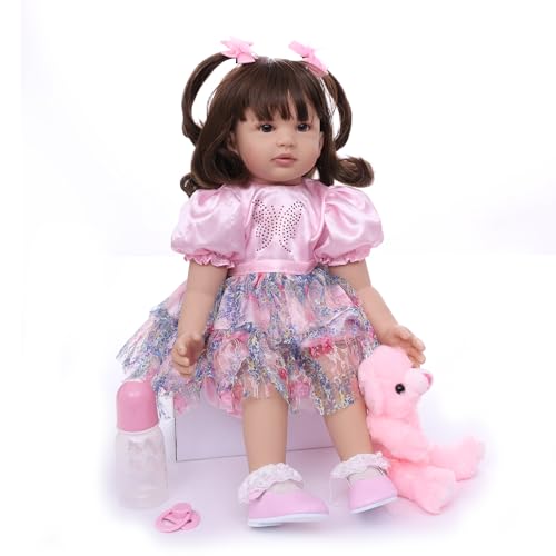 LKBOBIR Realistische Spielpuppe mit Rosa Kleid, Schmetterling-Design, 2-teiligem Tüllrock und Plüschtier-Zubehör, Pink von LKBOBIR